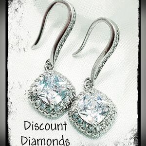 18K White Gold on 925 Cushion Cut 4 Ct Clear White Diamond  Earrings & Baguettes